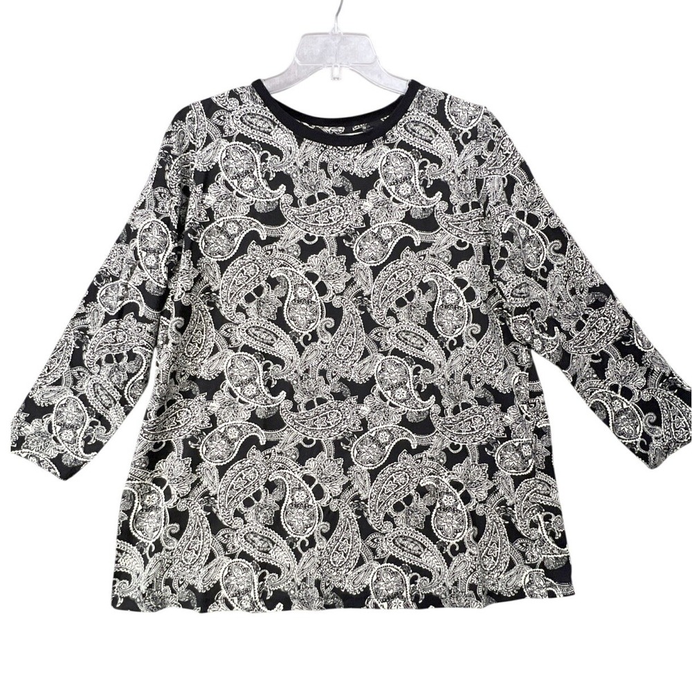 Roaman's Paisley Top Women 1X Black White Cotton 3/4 Sleeve Minimalist Boho